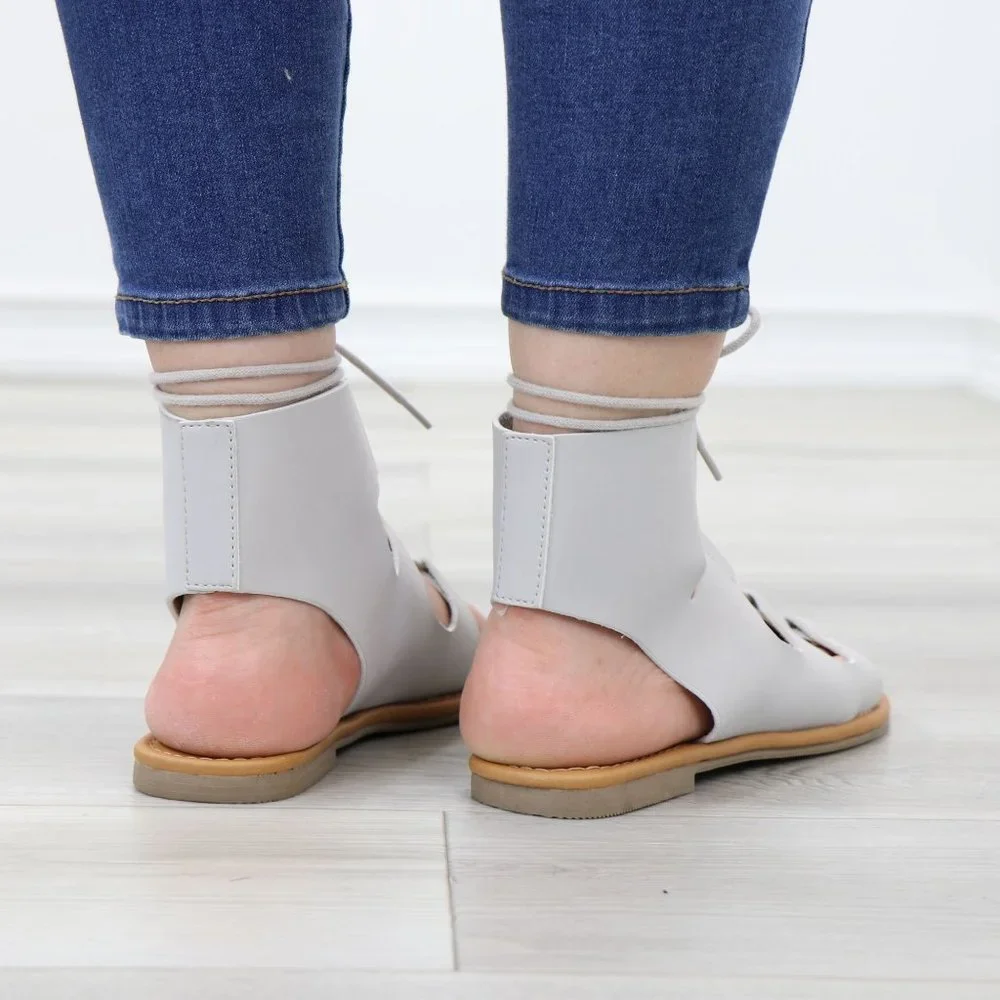 Gray Gladiator Laced-Up Bootie Style Flat Sandals - Picture 9 of 14